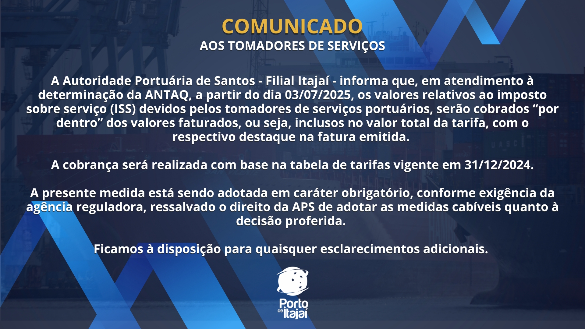 COMUNICADO AOS TOMADORES DE SERVIÇOS
