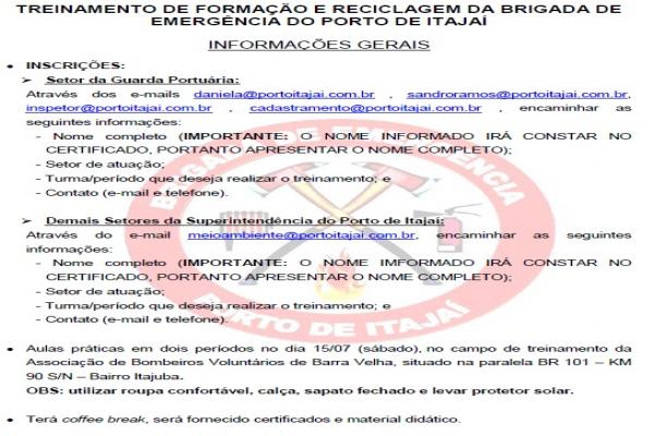 Convite: Treinamento de Formação e Reciclagem da Brigada de Emergência do Porto de Itajaí.